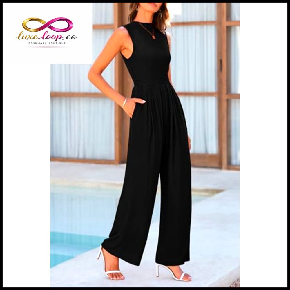 Sleeveless Mock Neck Wide Leg Jumpsuit with Pockets, Size XL - Picture 4 of 7